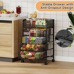 5-Tier Rolling Kitchen Cart with Drawers - Kitchen Storage Cart on Wheels,Pantry Snack Cart,Fruit and Vegetable Storage Cart with Wood Top,Rolling Utility Cart for Potato and Onion Storage