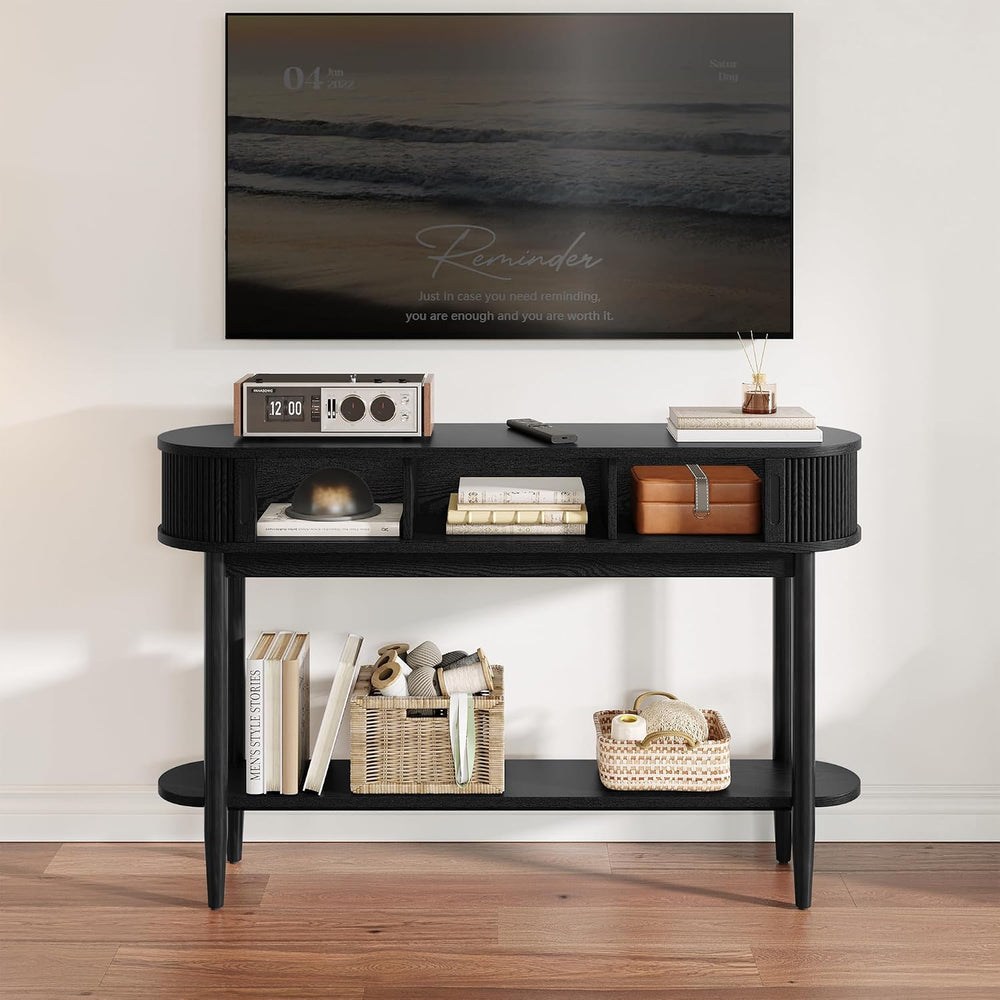 LINSY Fluted Console Table with Storage and Shelves, Black | Entryway Table, ...