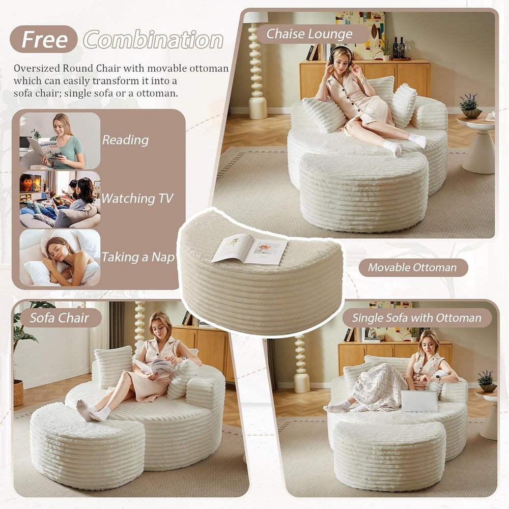 74.6" Oversized Round Chaise Lounge Chair with Ottoman Indoor, Fluffy Up...