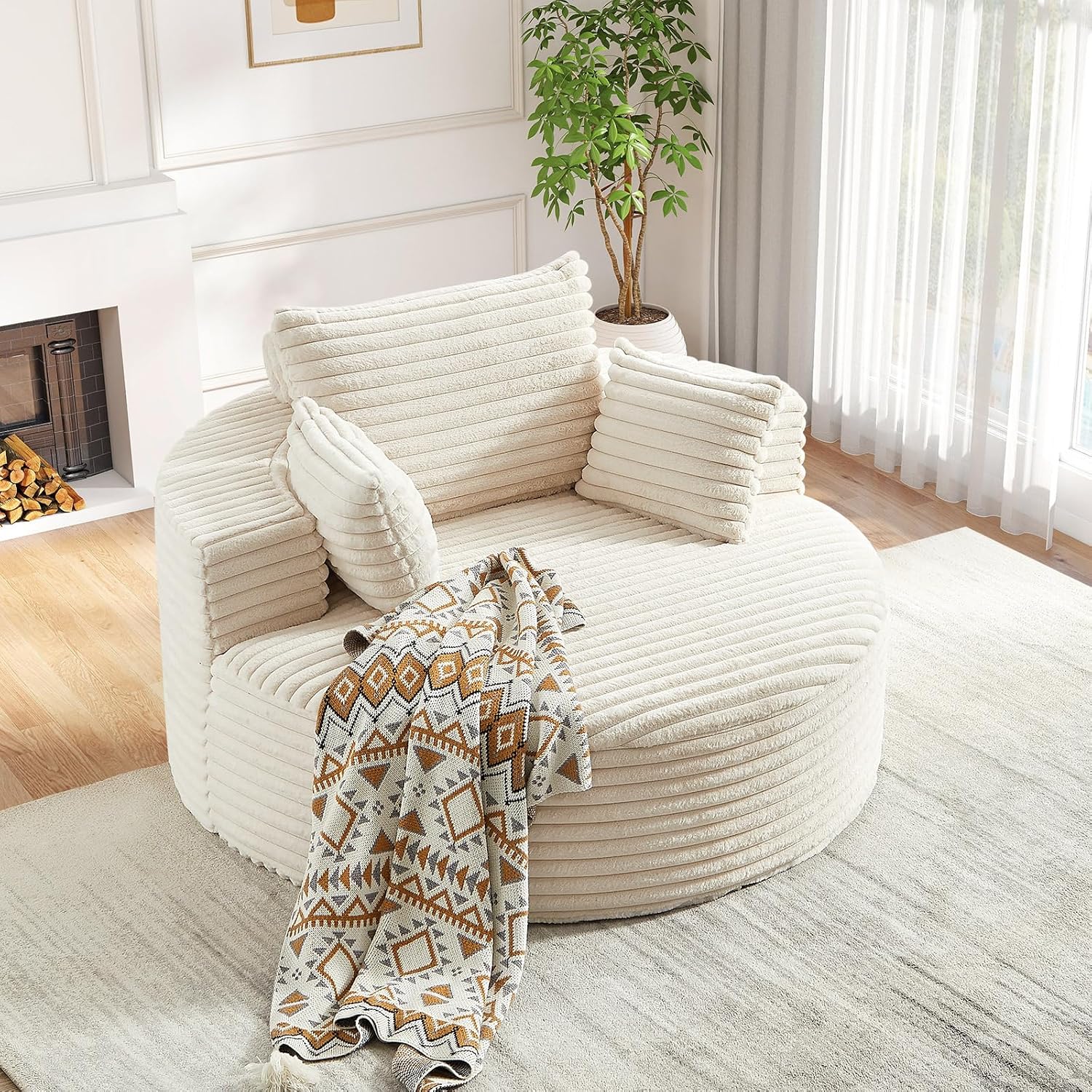Oversized Round Chaise Longue Chair Indoor, Modern 55-inch Upholstered Corduroy Deep Seat Circle Single Cloud Lounge Floor Sofa Chair for Living Room, Bedroom Apartment, Beige