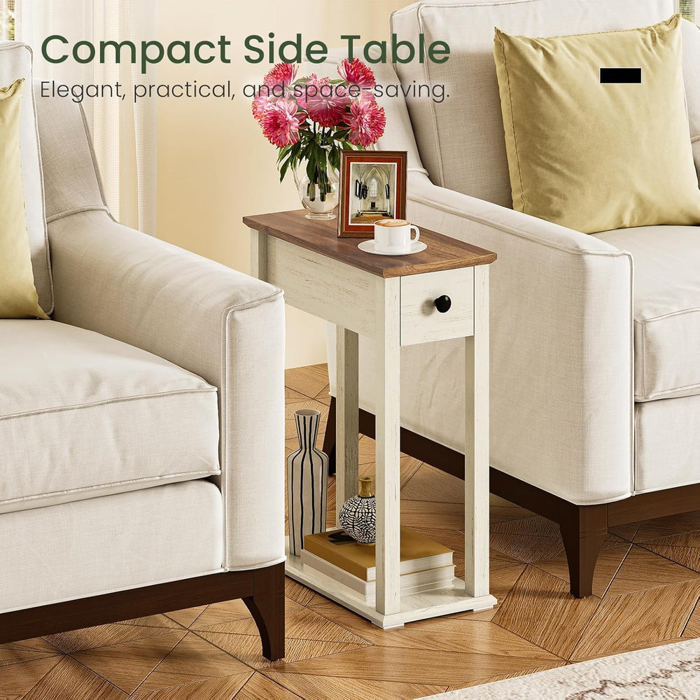CHOEZON Farmhouse End Table, 2-Tier Narrow Side Table with Drawer, Wooden Nig...