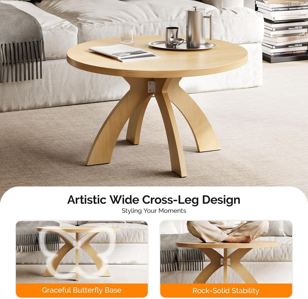 VINGLI 31.5" Round Coffee Table with Cross Legs, Wood Coffee Table, Oak ...