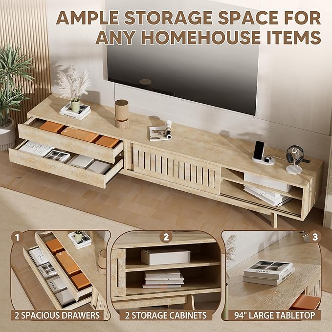 Mid Century Modern TV Stand for 100 Inch TVs, 94.5" Entertainment Center with Storage & Power Outlet, Media Console w/Drawers and Sliding Door, Television Stand for Living Room, Natural