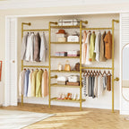 H3 Expandable Wall Mounted Closet System, 5.4FT-8.1FT Closet Organizer with 4 Telescopic Rods & 6 Wire Shelves, Industrial Pipe Clothing Rack for Walk-in & Reach-in Closet (Gold)
