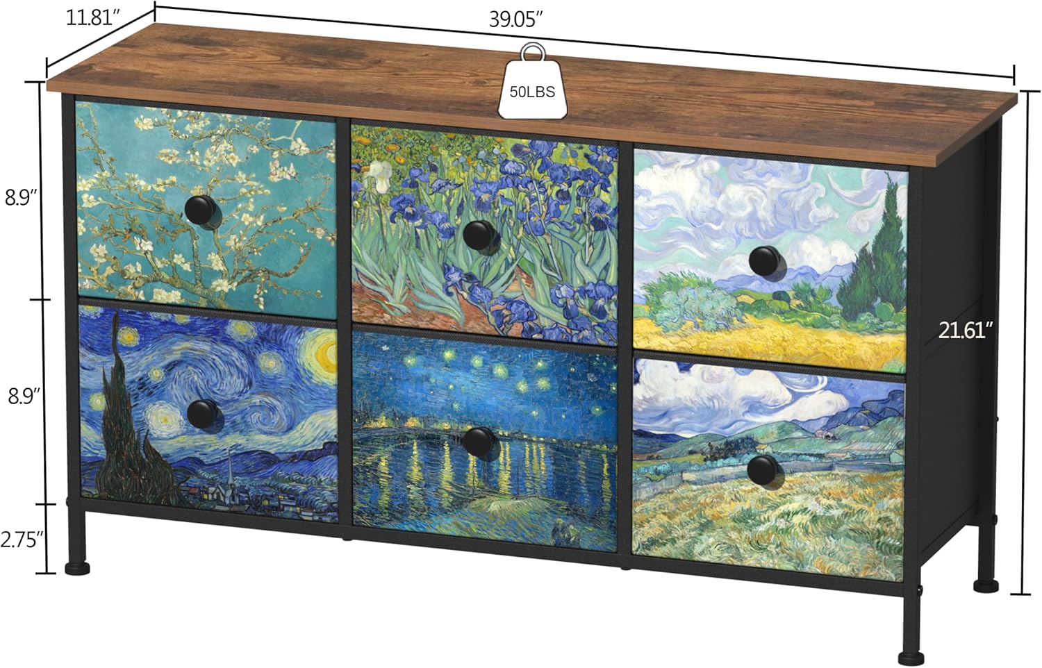 EXOTICA 6 Drawer Dresser for Bedroom Van Gogh Chest of Drawers Wide TV Stands Fabric Storage Drawer Unit for Living Room Entryway Closet Sturdy Steel Frame Wood Top