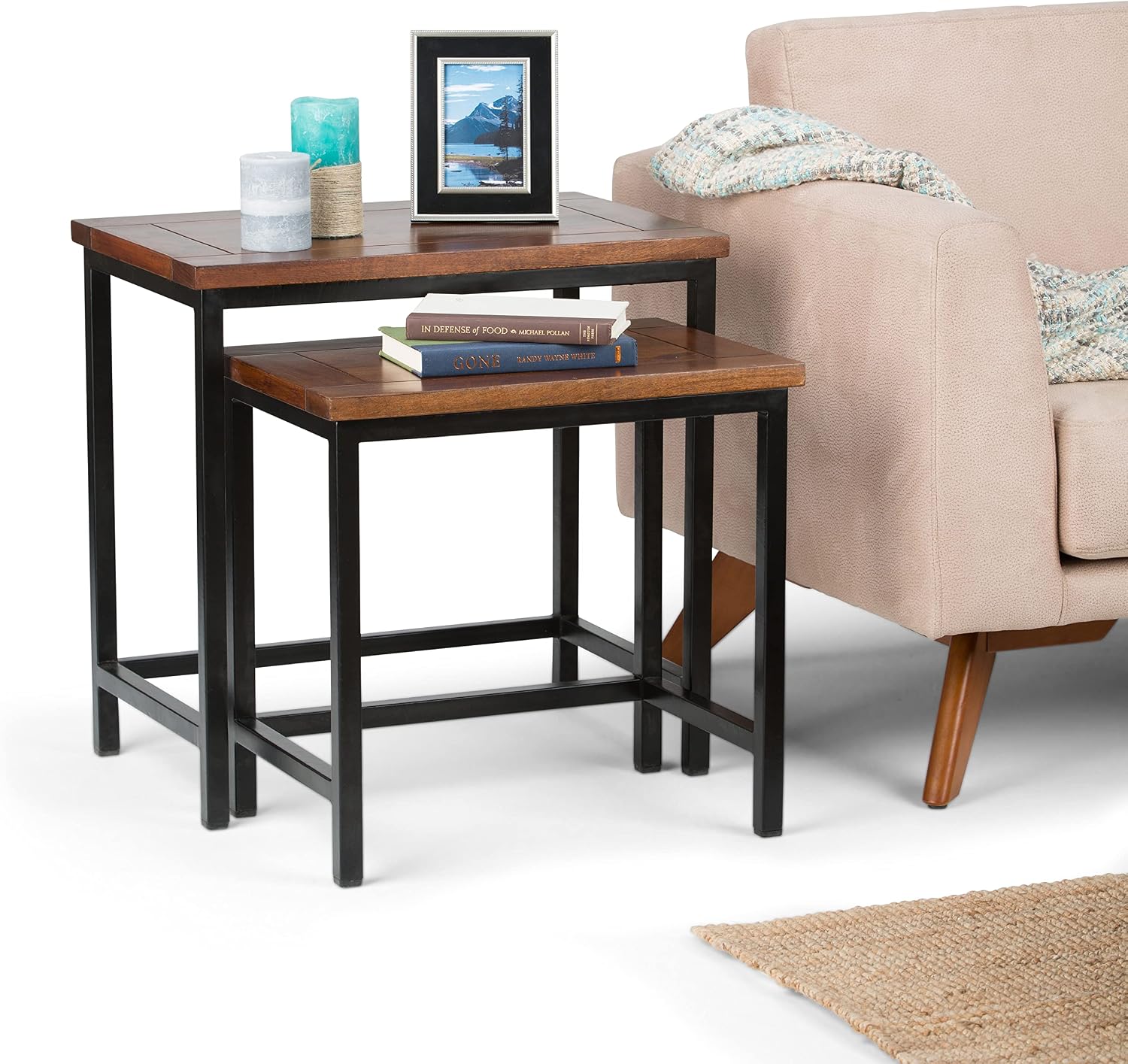 SIMPLIHOME Turner 12" Wide Solid Wood Round End Table in Natural | Dark cognac brown, industrial nesting accent tables, assembled; round side tables or accent tables for living room.