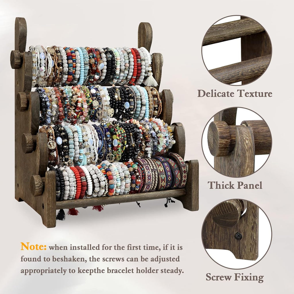 TOPNEW 4 Tier Wooden Bracelet Holder, Scrunchie Bangle Watch Necklace Display Storage Jewelry Holder Stand Display Organizer, Brown
