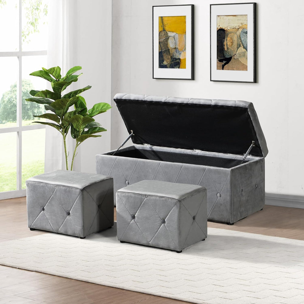 Ottoman Set of 3, 39'' Hinged Tufted Storage Ottoman Bench with Cushi...