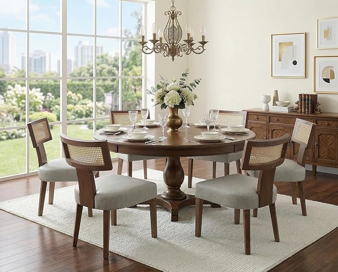 Upholstered Dining Chairs Set of 6 with Rattan Back, Modern Wooden Kitchen Chairs PU Leather Side Dining Room Chair Farmhouse Dinner Chair, Grey