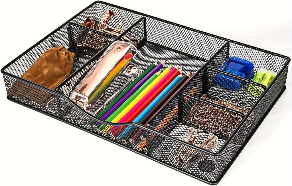 Desk Drawer Organizer Tray, Metal Mesh Drawer Organizers Office, 6 Adjustable Compartment, Desk Organizer Tray for Home Office 12.87L x 8.73D x 1.96H inch, Black, 1PC Medium