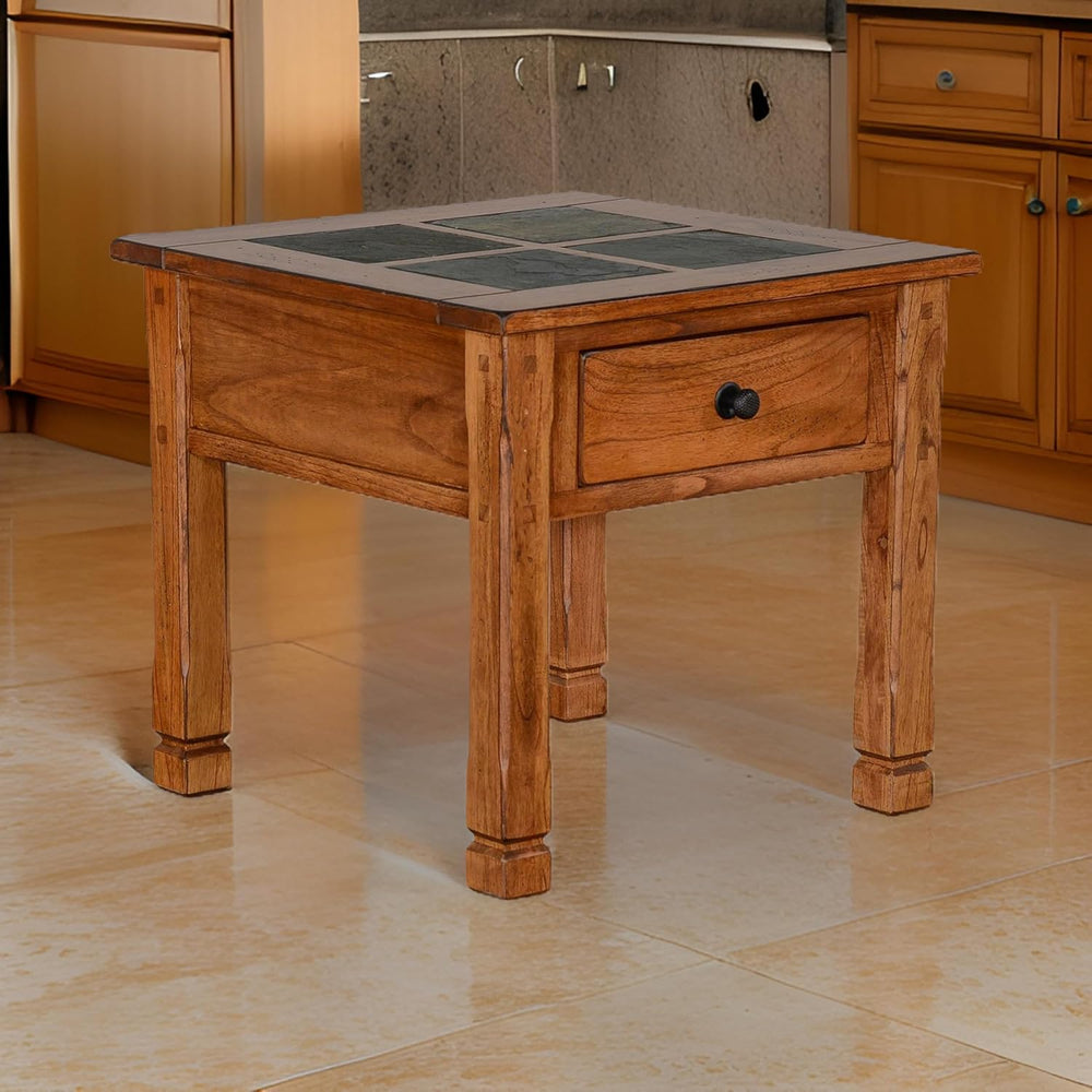 Benzara Marv Side End Table w Drawer- 26 Inch Square Slate Inlay Top- Brown