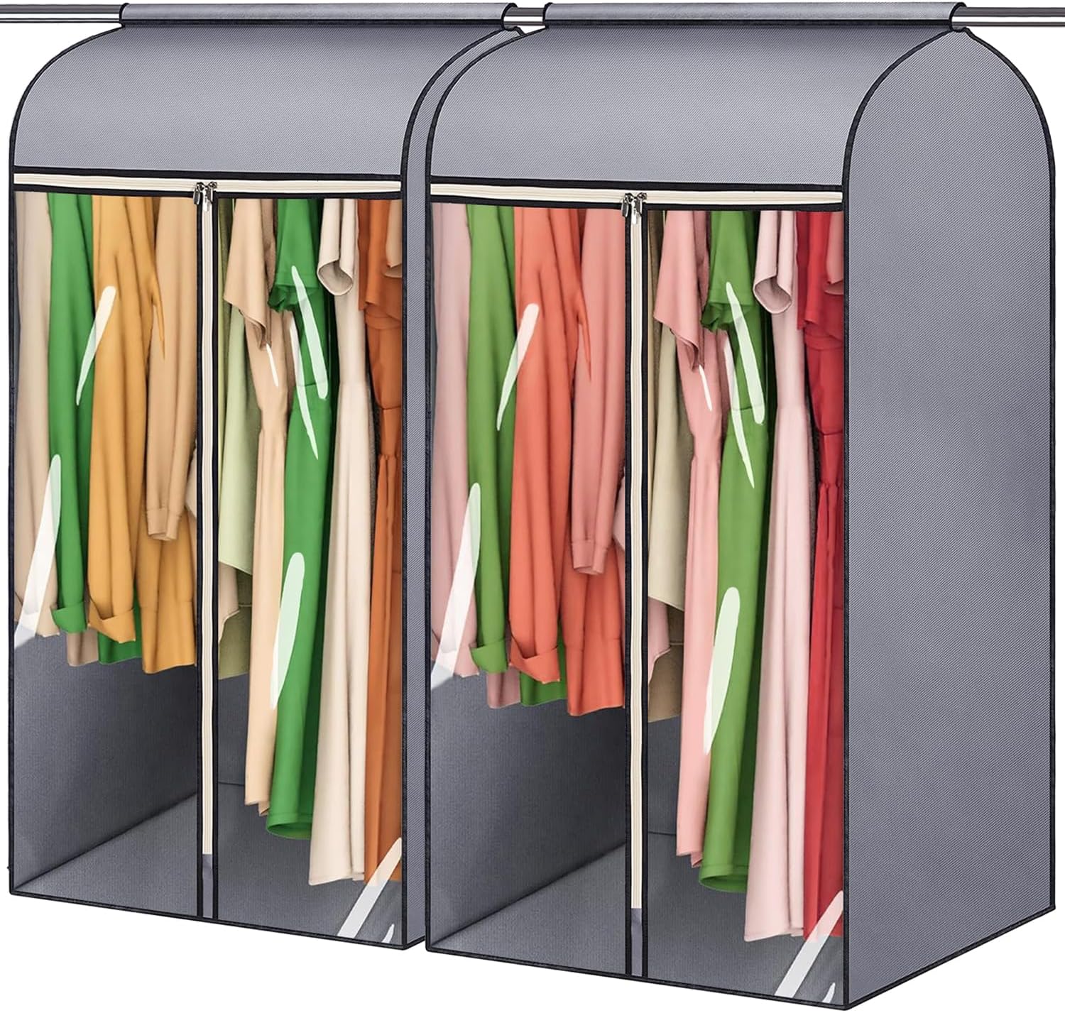 45'' Hanging Garment Bags for Closet Storage Sealed Completely Jackets Coats Suits Clothes Rack Cover for Wardrobe with Clear PVC Window and 3 Zippers Opening