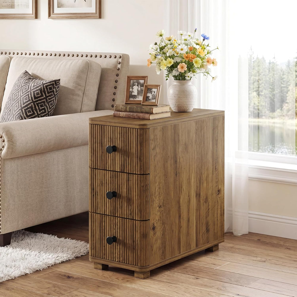 Tribesigns End Table with 3 Drawers, Farmhouse Fluted Narrow Side Table, Wood...