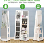 HNEBC 360° Swivel Mirrored Jewelry Armoire with 6 LEDS, Full Length Mirror with Jewelry Storage, Lockable Floor Standing Mirror with 4 Lockable Wheels for Cloakroom, Bedroom(White)