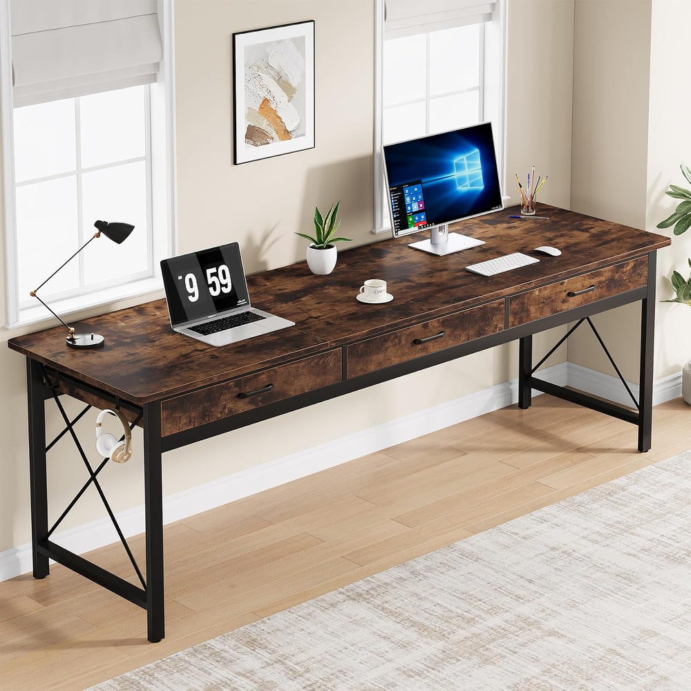 78.7 inch Extra Long Computer Desk with 3 Drawers, Brown/Black