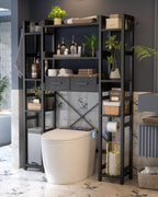 Over The Toilet Storage with 2 Drawers - 11 Tier Bathroom Organizer Freestanding Space Saver Storage Rack with Adjustable Shelf Above Toilet Stand with 4 Hooks for Restroom, Laundry, Black