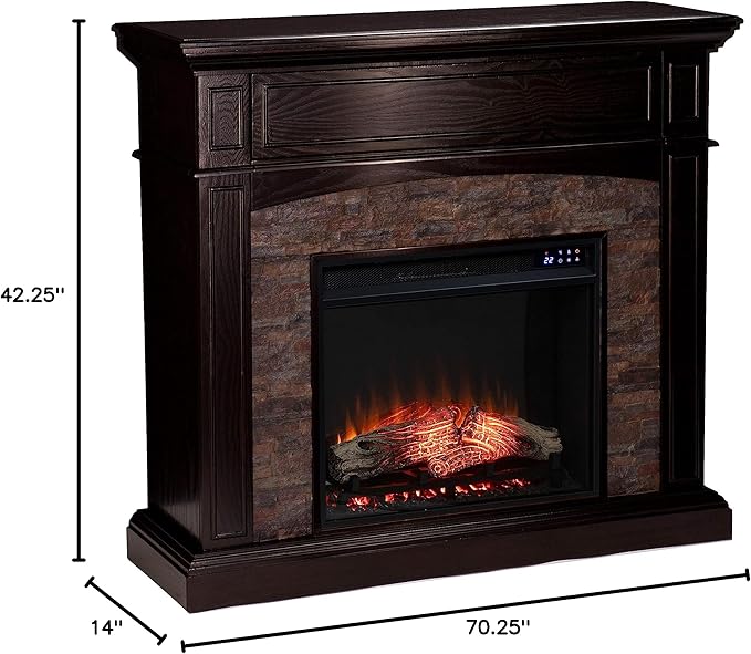 SEI Furniture Grantham Faux Stone Corner Electric Fireplace with Hidden Media Shelf, New Ebony