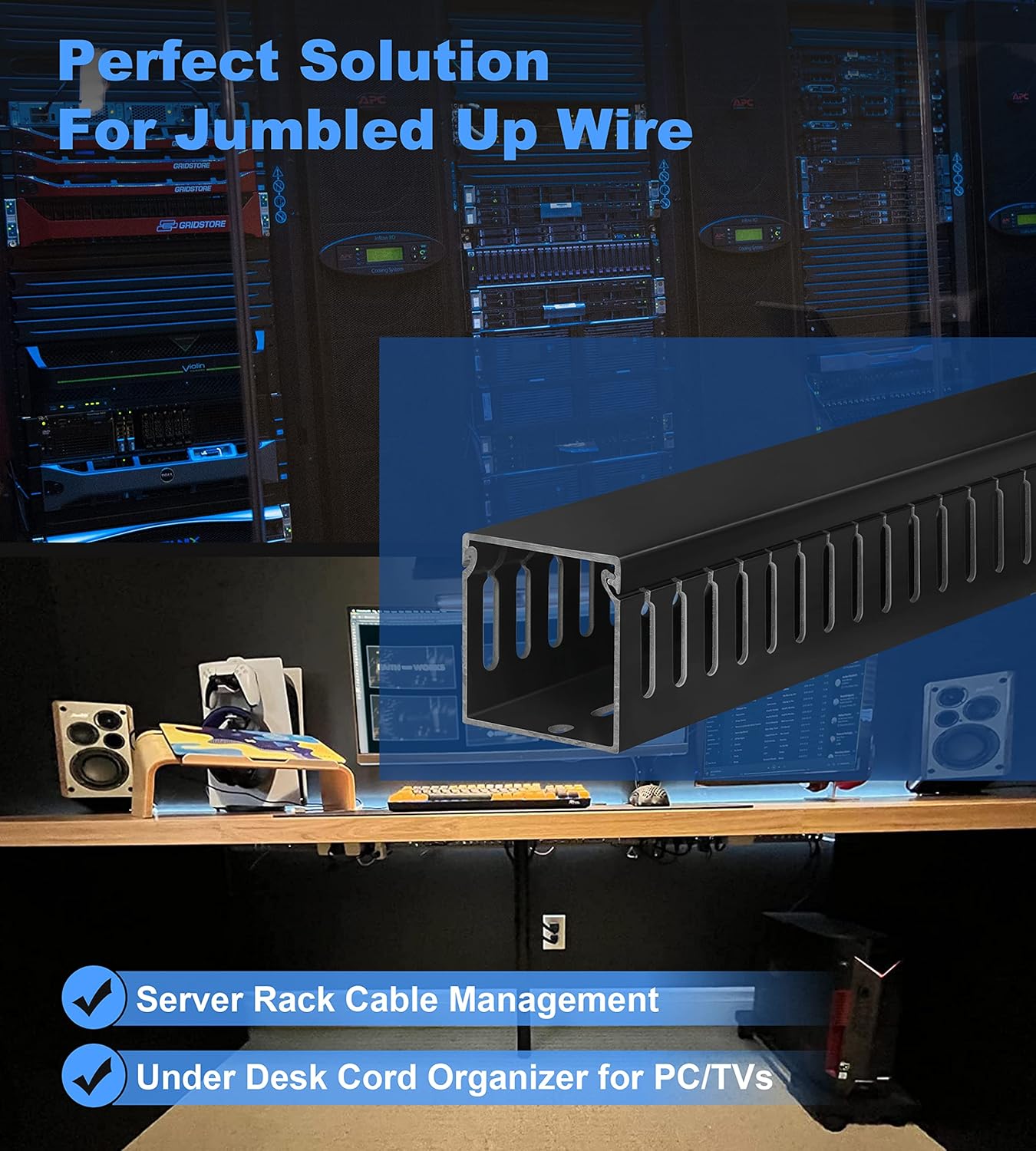 ZhiYo 2x2inCable Raceway, 6.6ft (2xL3.3ft) Server Rack Cable Management Under Desk Cord Organizer, Electrical Safe PVC Cable Channel Open Slot Wire Raceway for Network/PC/TVs, Wire Duct Black
