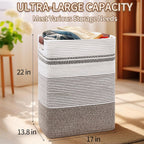DOFASAYI Laundry Basket - 85L Large Cotton Rope Blanket Basket with Leather Handles, Decorative Storage Hamper, Clothes Hamper for Living Room, Bedroom, Rice Brown & White