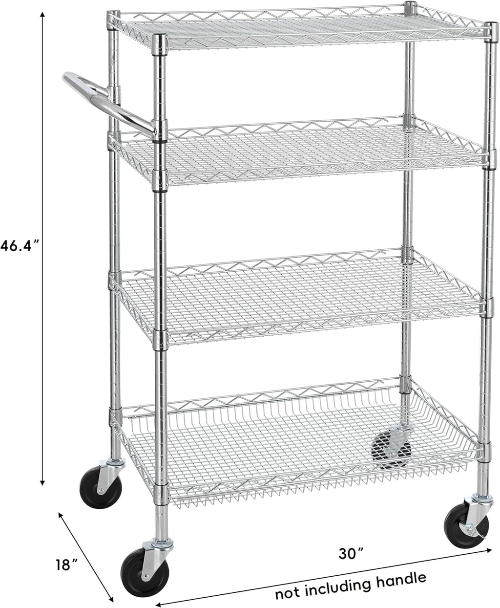 Finnhomy 4 Tier Heavy Duty Commercial Grade Rolling Cart with Handle Bar, Metal Wire Utility Cart with Wheels, Service Trolley on Wheels, Shelf Size 18" D x 30" W, NSF Listed, Chrome