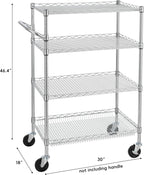 Finnhomy 4 Tier Heavy Duty Commercial Grade Rolling Cart with Handle Bar, Metal Wire Utility Cart with Wheels, Service Trolley on Wheels, Shelf Size 18" D x 30" W, NSF Listed, Chrome