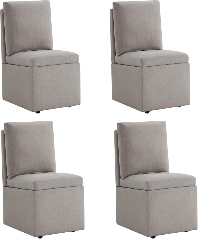 Upholstered Dining Chairs with Casters, Modern Dining Room Chairs Set of 4 with Hidden Storage & 4 Wheels, Single Sofa Chair for Kitchen, Reading Room, Waiting Room, Khaki (2 Box)