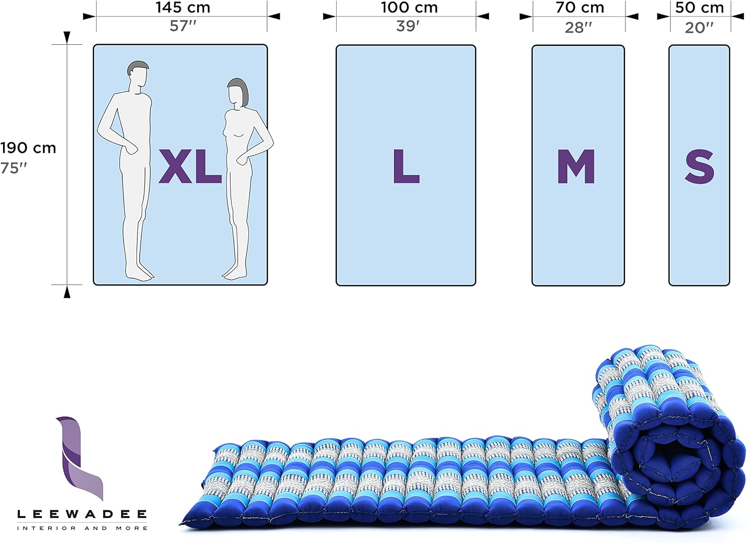 Leewadee Thai Roll Mat 75 x 28 inches Kapok Firm | Breathable folding mattress for sleeping, yoga, meditation & massage. For travel, camping, the car or as a guest bed