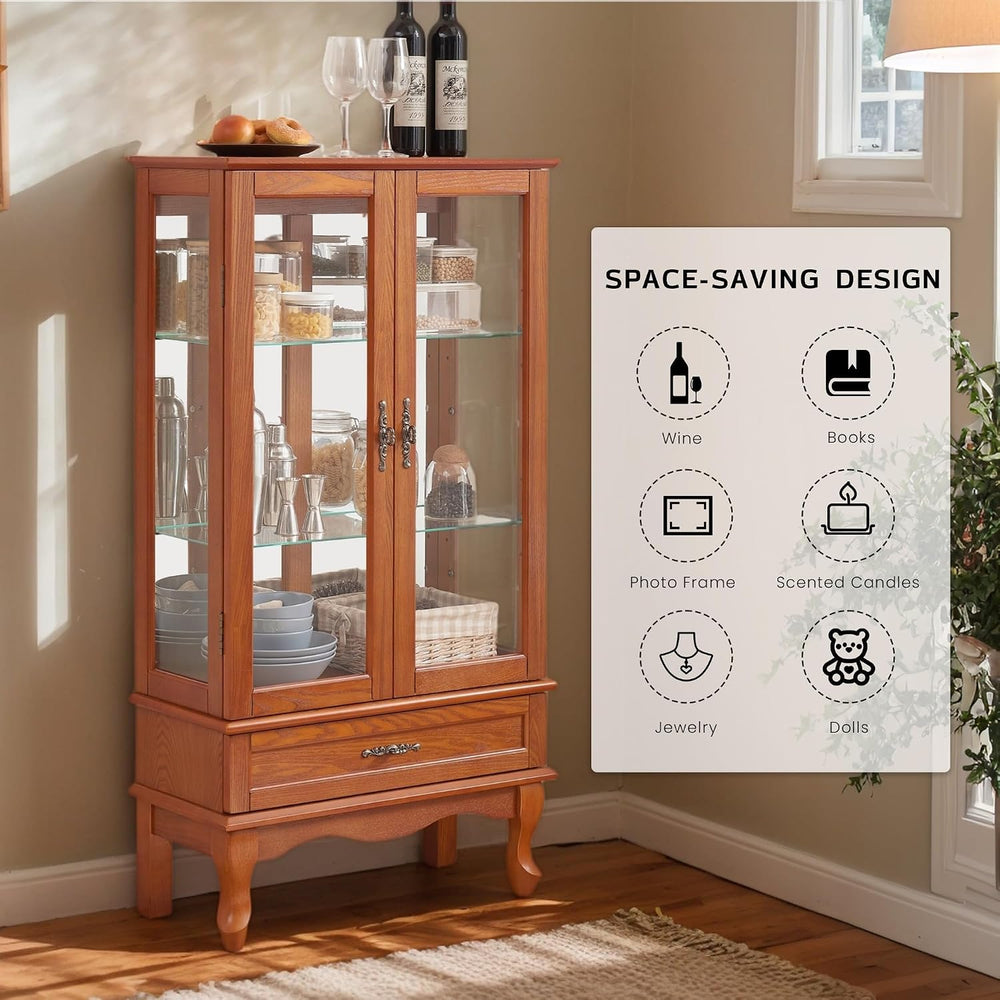 52" Lighted Accent Curio Cabinet, 3-Tier Antique Storage Cabinet with Te...