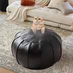 Louis Donné Round Unstuffed Faux Leather Pouf Ottoman Cover, Portable Indoor Outdoor Foot Rest Cover with Invisible Zipper, Sturdy Footstool Cushion Case for Home Patio Balcony Daily Use, Cover Only