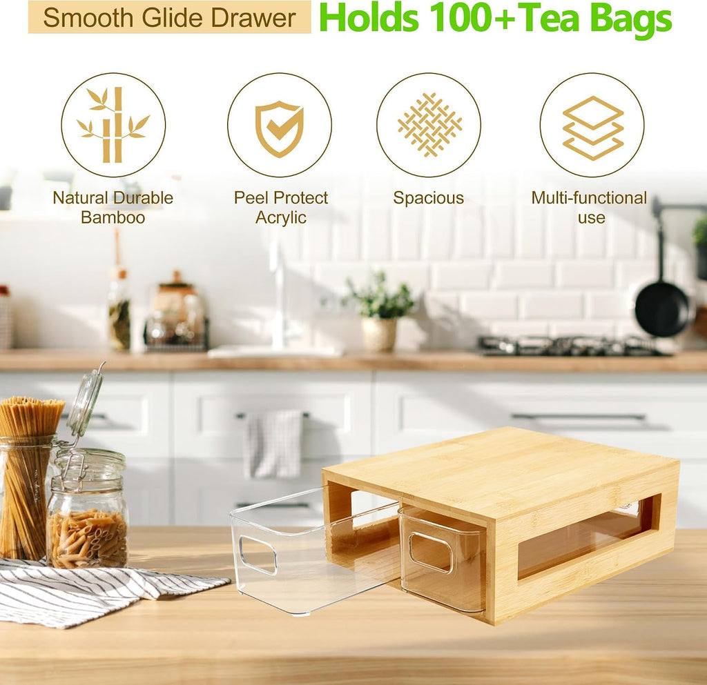 Tea Bag Organizer, Bamboo and Acrylic Drawer Tea Bag Holder Wood Teas Bags Storage for Drawers with 2 Roomy Compartments for Kitchen Living Room