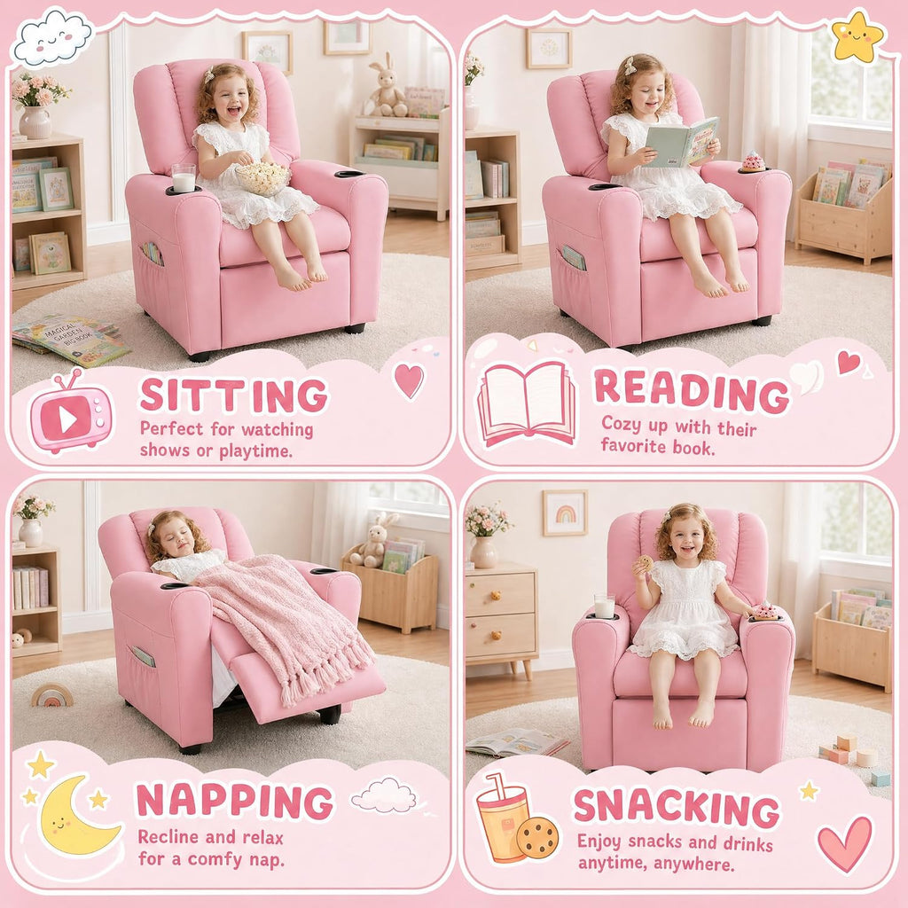 Candy Kids Reclining Chair Leather Recliner Sofa Push Back Toddler Youth Children Child Ages 1-6