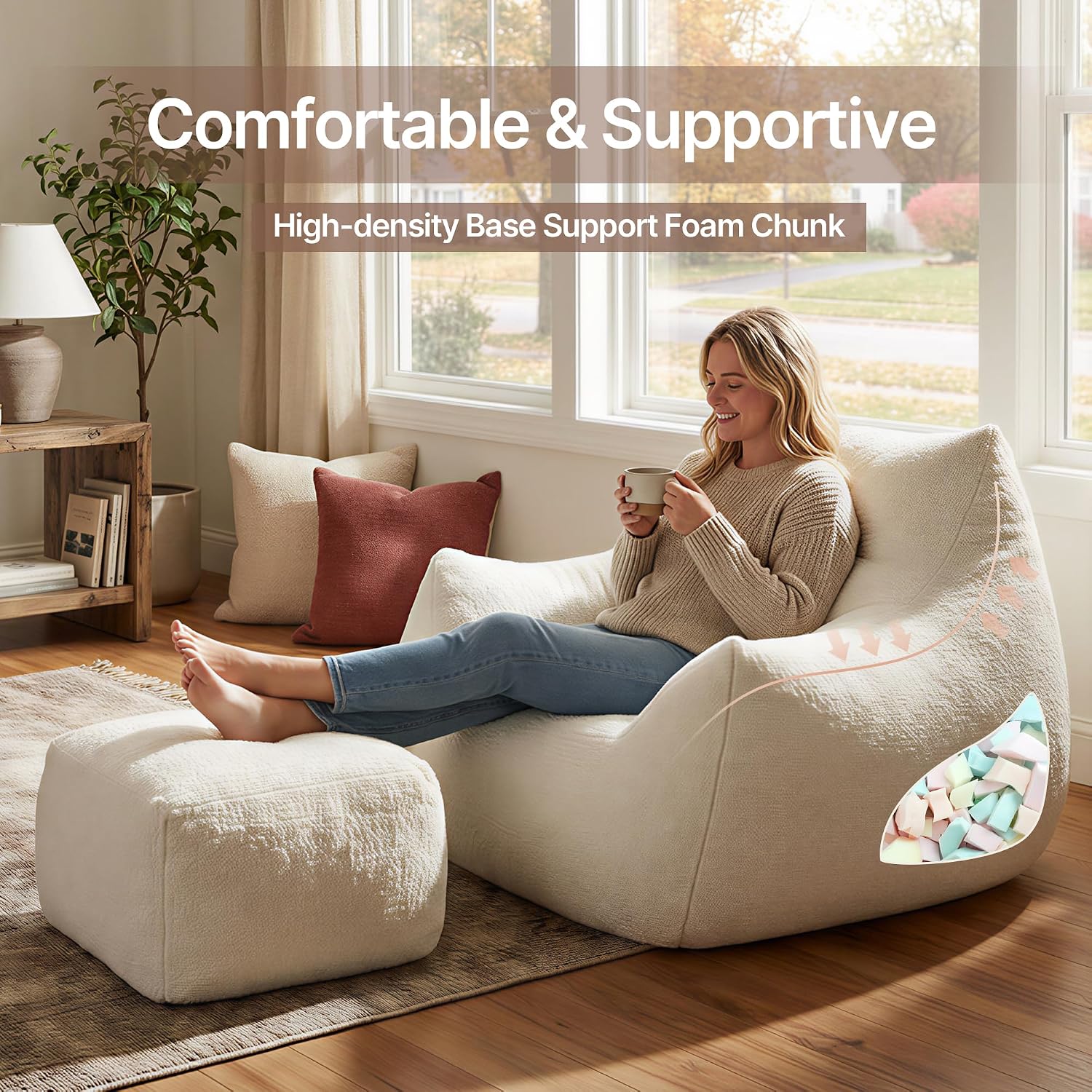 KISLOT Cloud Large Bean Bag Chair with Ottoman for Adults,Ultra Soft Bean Bag with Armrests,Stuffed BeanBag Chair for Napping, Gaming,Vacuum-Compressed for Easy Gifting,48 Hours to Fluffs Up,Beige