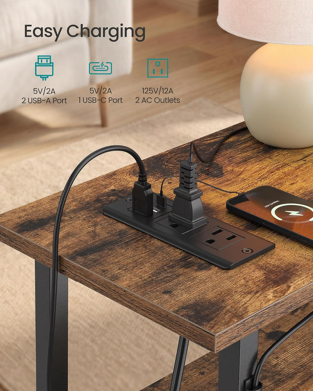SONGMICS Side Table, Nightstand with Charging Station, End Table with LED Lig...
