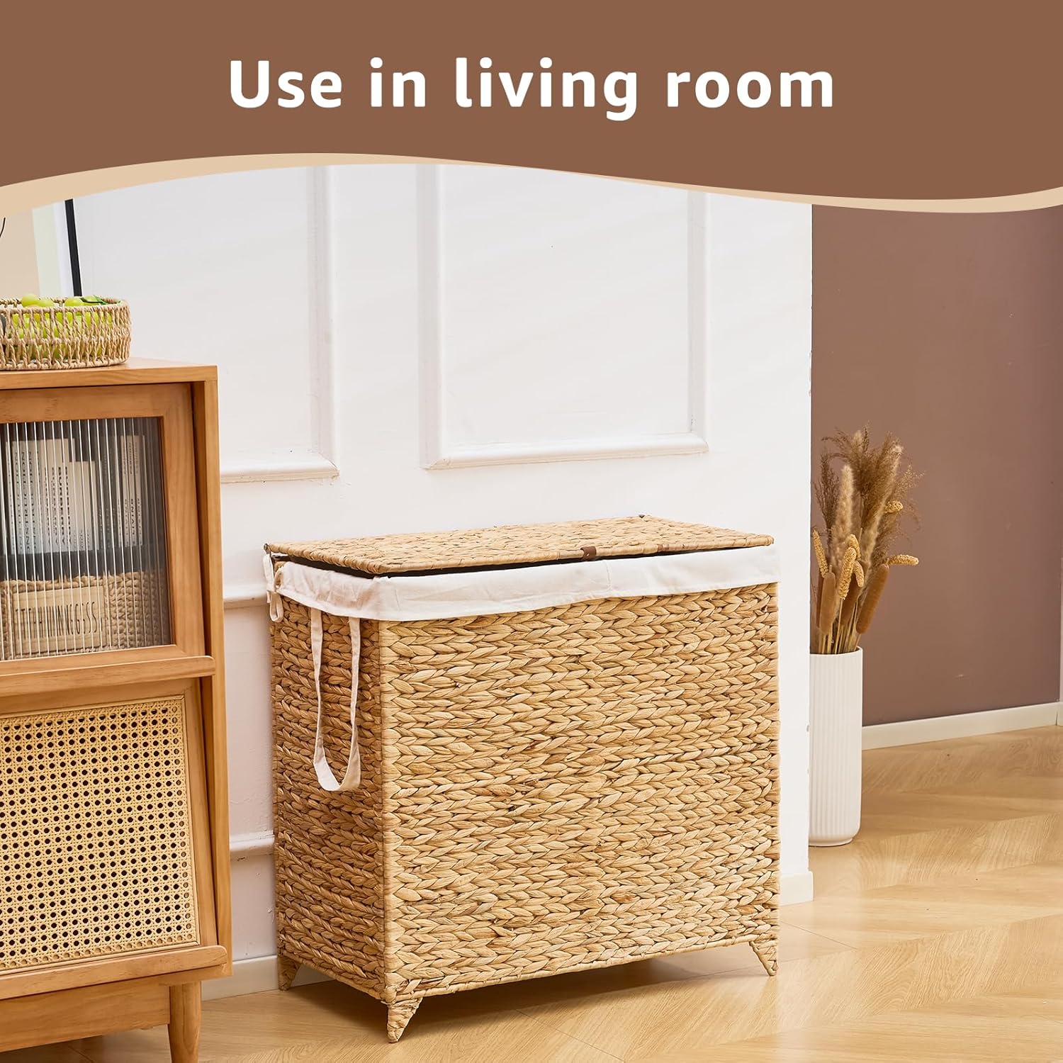 Laundry Hamper with Lid and Removable Liner Bag, Handwoven Natural Hyacinth Clothes Hamper with Heightened Feet, Wicker Laundry Basket for Clothes and Towels，Large, 2-sections