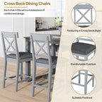 Merax 5 Piece Solid Wood Farmhouse Counter Height Dining Table Set with 3-Tier Storage Shelves,and 4 Upholstered Dining Chairs,Gray