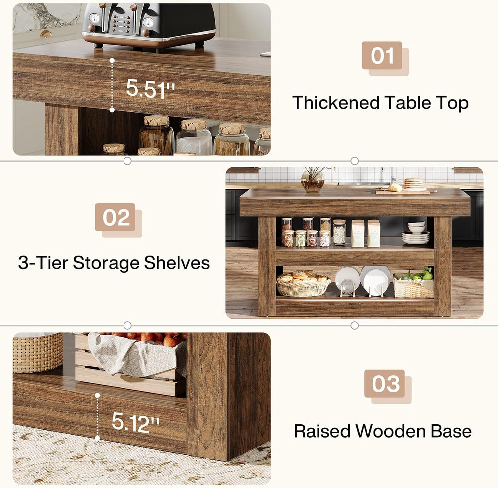 Tribesigns 55-Inch Kitchen Island with Storage, Farmhouse 3-Tier Stationary I...