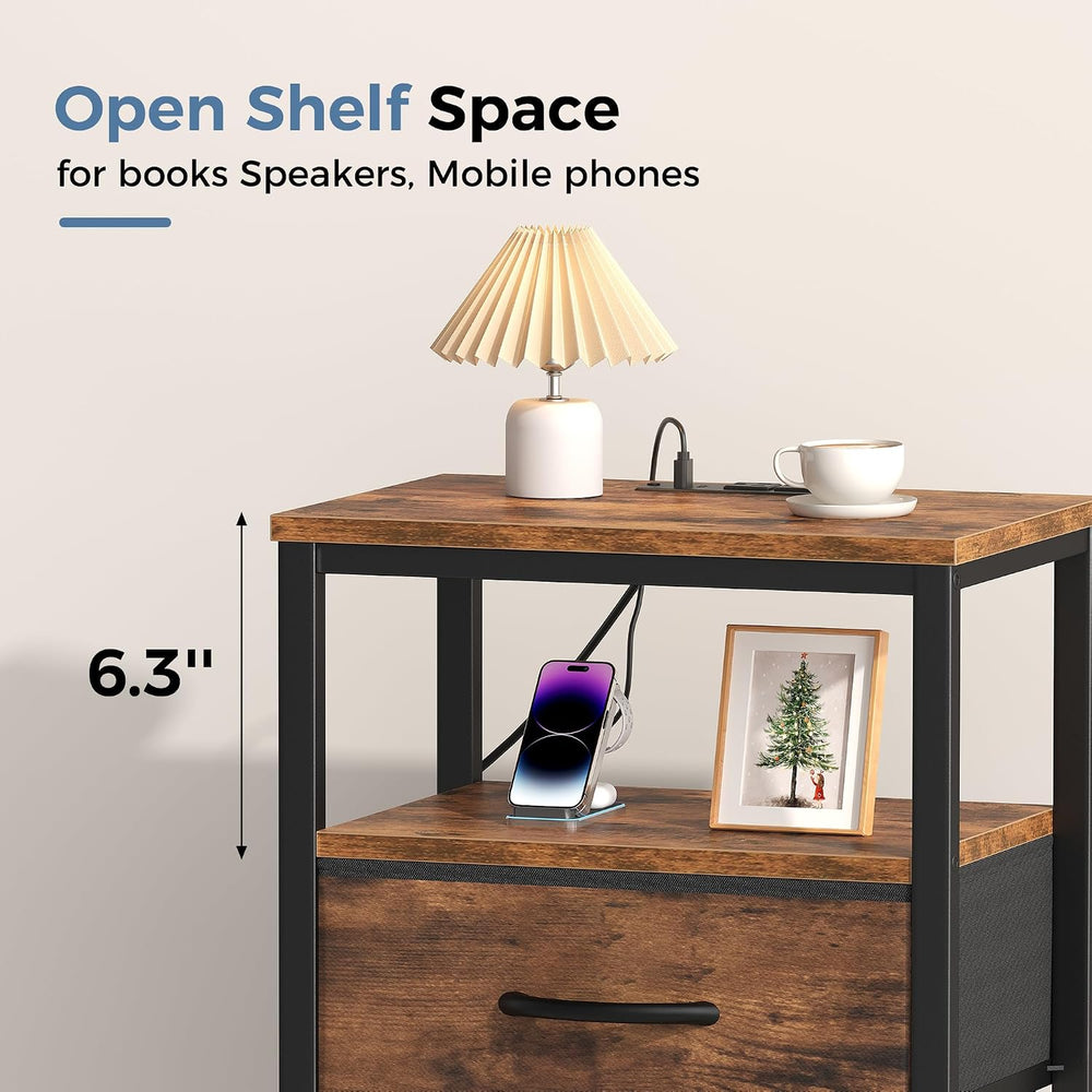 OLIXIS Nightstand with Charging Station, Beside Table with Fabric Drawer | 3-...