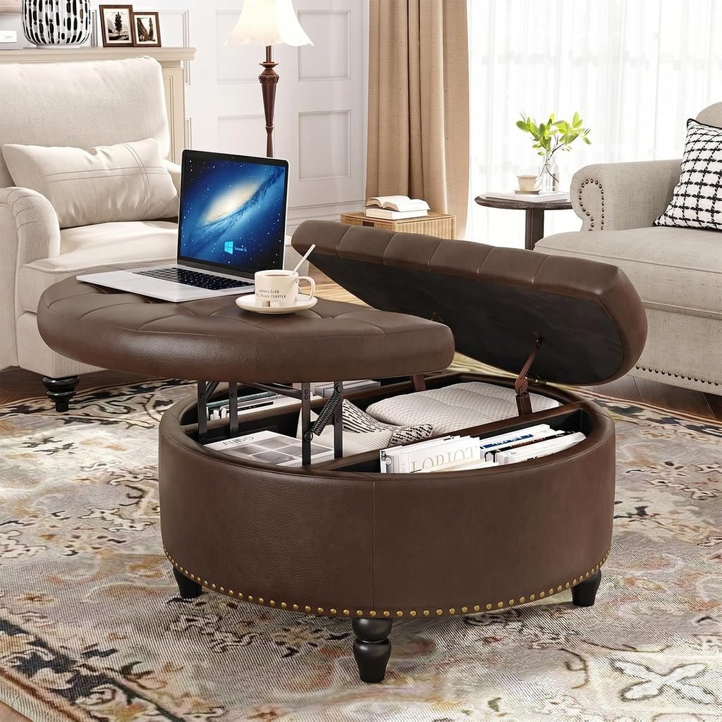 FiveWillowise 30 Inch Large Round Ottoman with Storage Circular,Chocolate | Leather Coffee Table with Lift Top,Modern Upholstered Button Tufted Footrest Stool Solid Wood Legs for Living Room,Bedroom