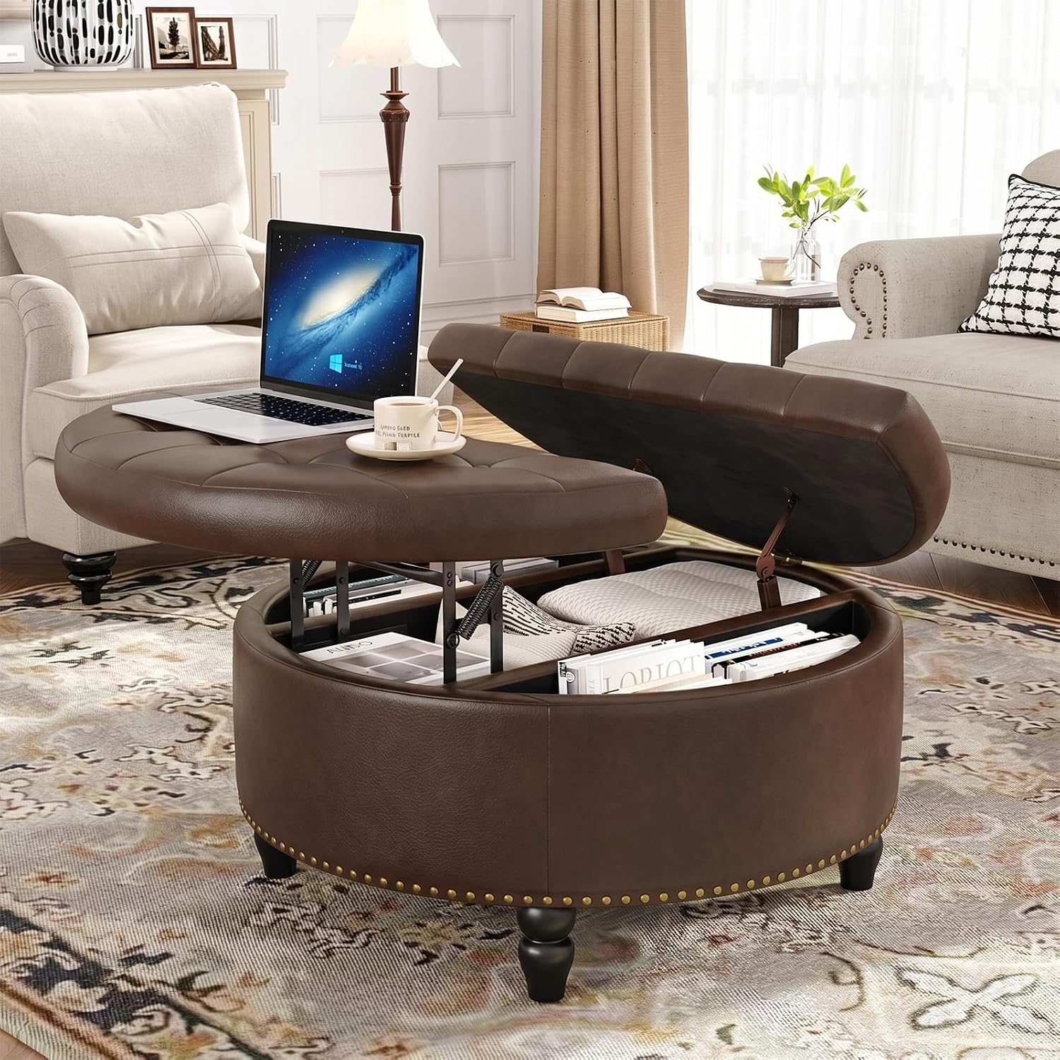 FiveWillowise 30 Inch Large Round Ottoman with Storage Circular,Chocolate | Leather Coffee Table with Lift Top,Modern Upholstered Button Tufted Footrest Stool Solid Wood Legs for Living Room,Bedroom