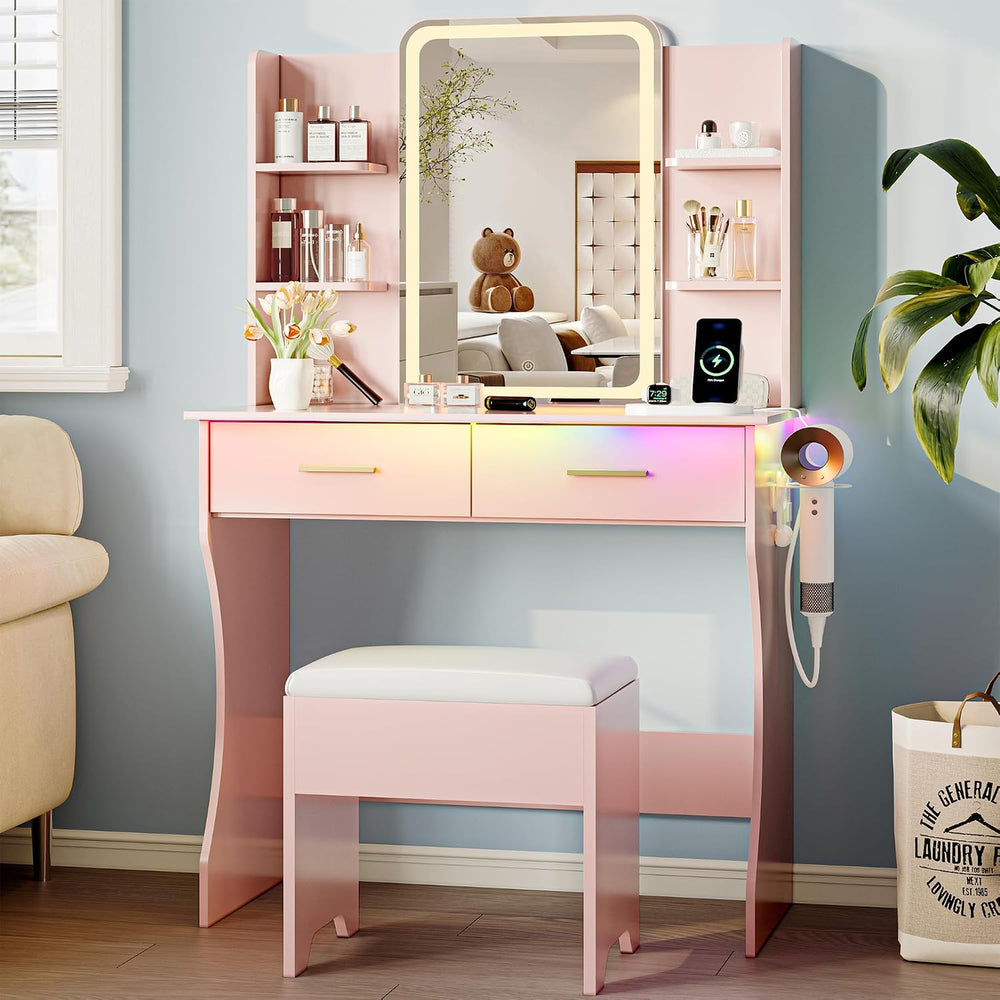 Vanity Desk with LED Lights Mirror & Power Outlet, Small Makeup Vanity Ta...