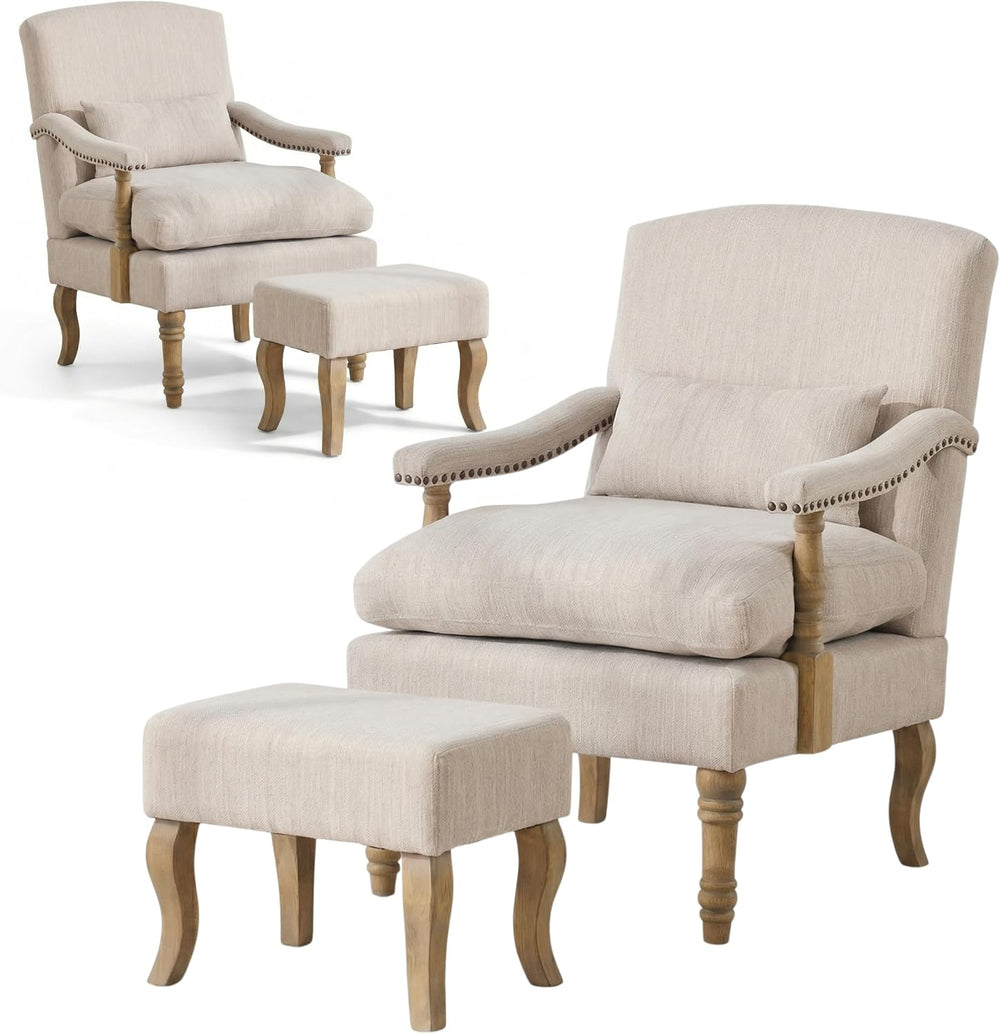 Accent Chairs with Ottoman Set of 2, Farmhouse, Natural Beige