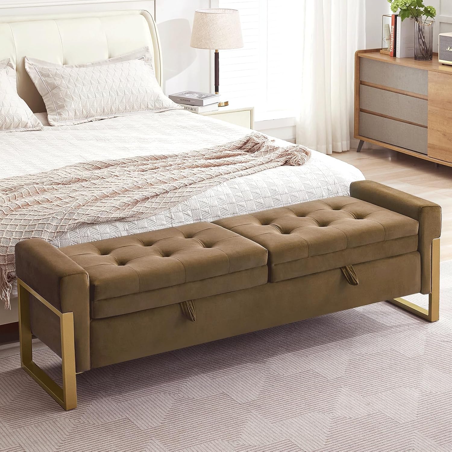 67" Storage Bench for Bedroom, End of Bed Bench King Size, Brown | Double Lids Storage Ottoman Bench with Golden Legs, Upholstered Velvet Bench for Foot of Bed Window Living Room Entryway