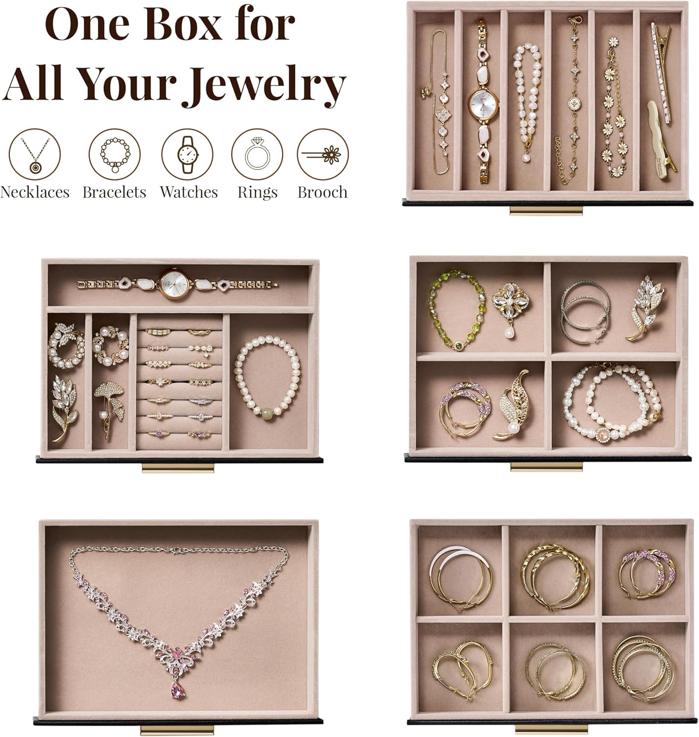 pickpiff Jewelry Box Organizer Case for Women: 5-Layer Jewelry Storage Case with Glass Window, Black Leather with Blush Velvet, Holder for Ring Necklace Bracelet Brooch Watch, Great Gift for Her