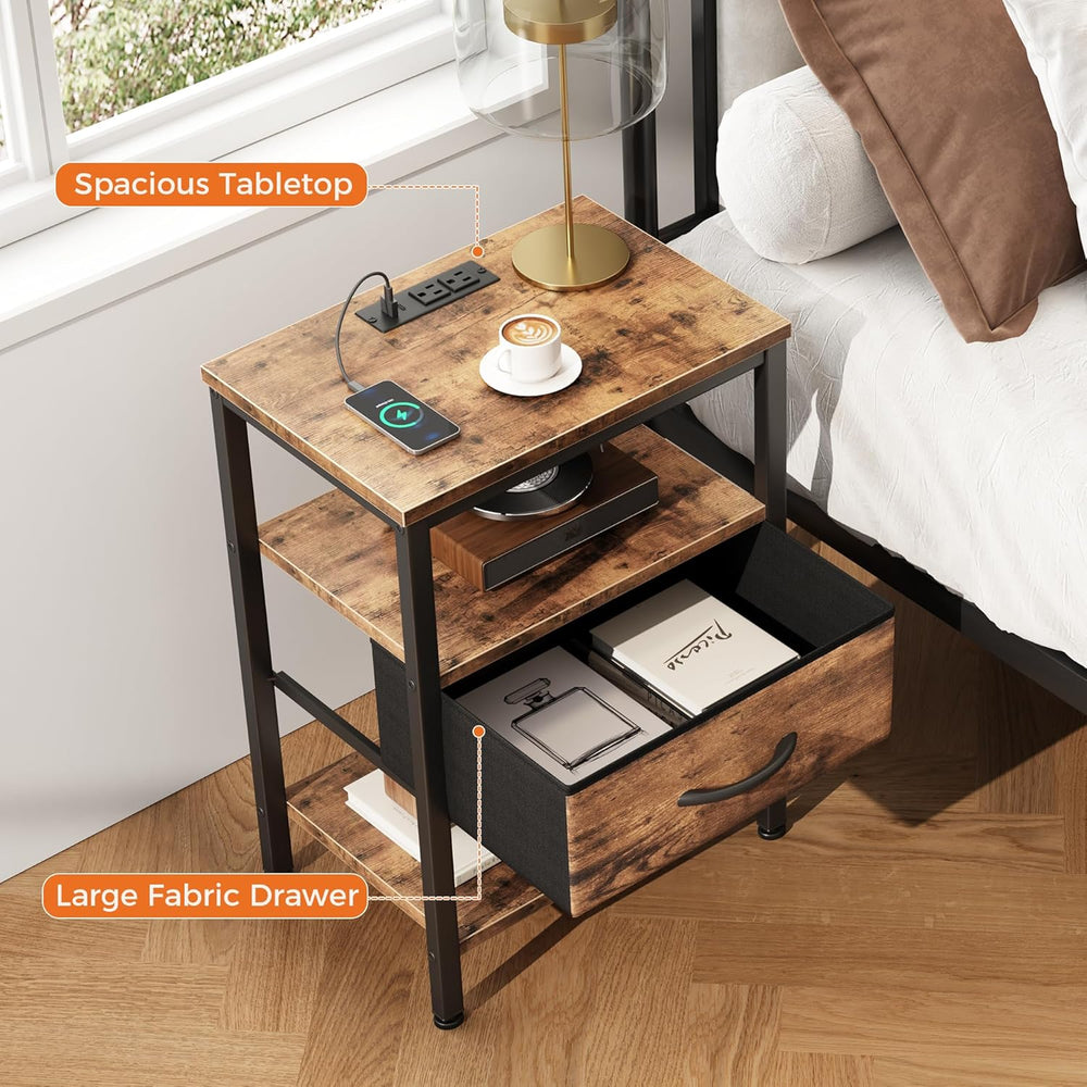 DUMOS Bedside Table with Charging Station and an Adjustable Fabric Drawer, an...