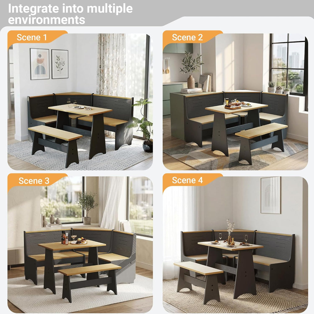 ENOR 3-5 People Breakfast Nook Set, L-Shaped Corner Dining Table with Bench, ...