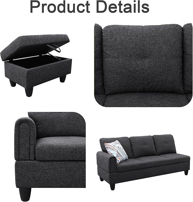 Sectional Couches for Living Room with Movable Chaise & Storage Ottoman - 97.5" Linen L Shaped Couches for Living Room Apartment, 4 Seat Home Furniture Modular Sectional Sofas, Black Grey