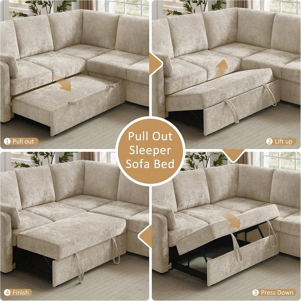 112'' Sectional Sleeper Sofa with Pull Out Bed, U Shaped 7 Seater Modular Sectional Sofa with Storage Chaise, Modern Sectional Sofas & Couches with 4 Pillows, Chenille Sofa Bed for Living Room, Camel