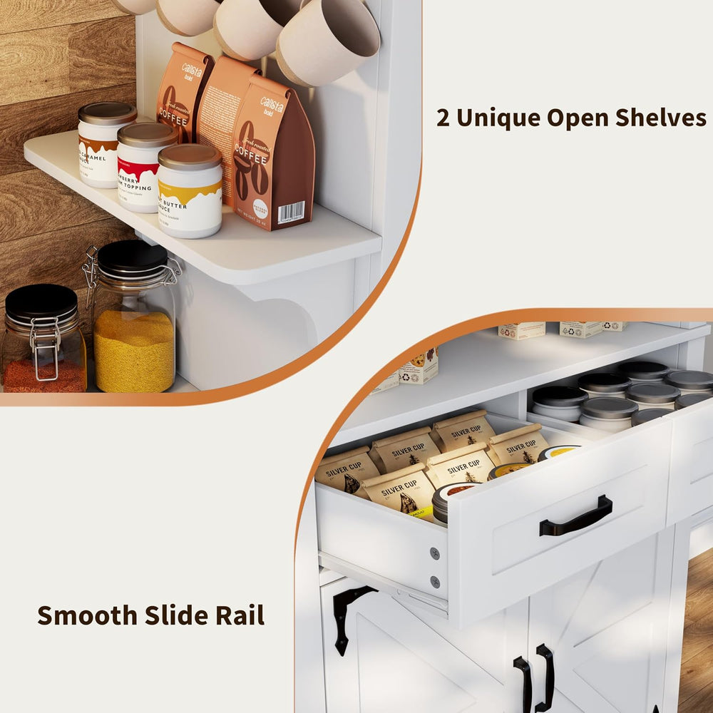 Farmhouse Coffee Bar Cabinet with Led Light - 70.8'' Tall Coffee Hutc...