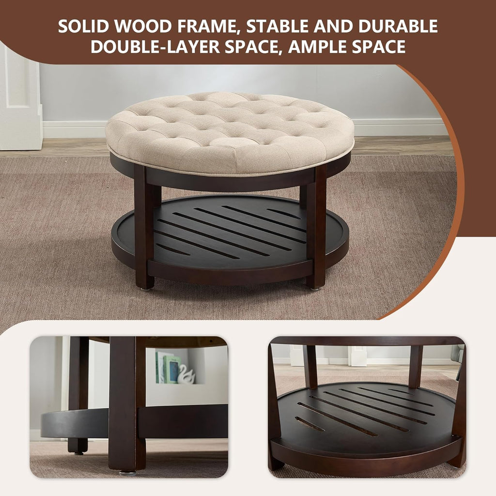 adochr Round Coffee Tables for Living Room,33’’ Storage Ottoman with Wooden Tray, Upholstered Ottoman Footrest, Light Brown