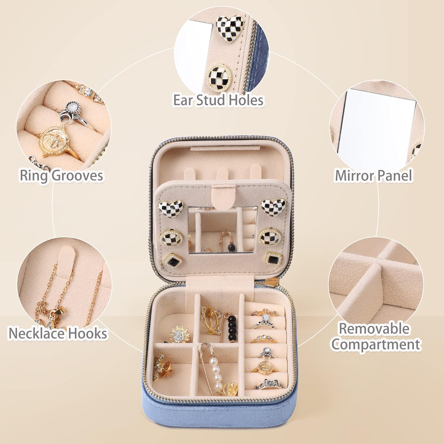 Dajasan Velvet Travel Jewelry Box, Mini Travel Jewelry Case, Small Portable Travel Jewelry Organizer Box with Mirror for Women Girls (blue), 3-layer